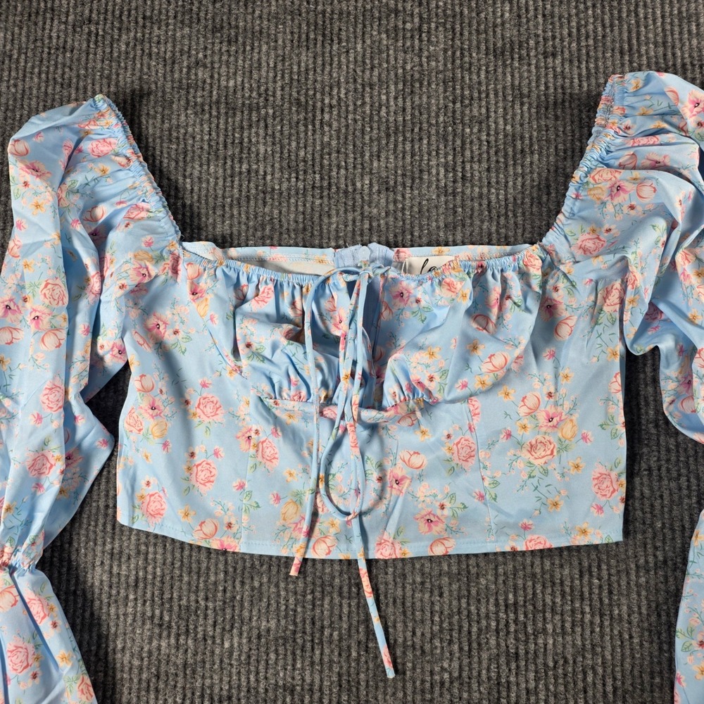 Loulou & Ginny Floral Puff Sleeve‎ Crop Top Blue Pink Rose Boho Cottagecore M
